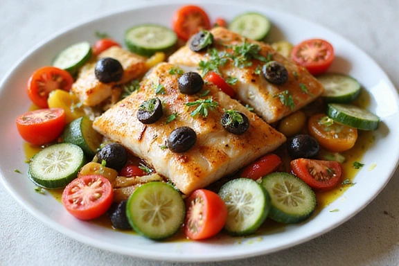 Immagine di un piatto di cibo mediterraneo sano e colorato, con verdure fresche, olio d'oliva e pesce.